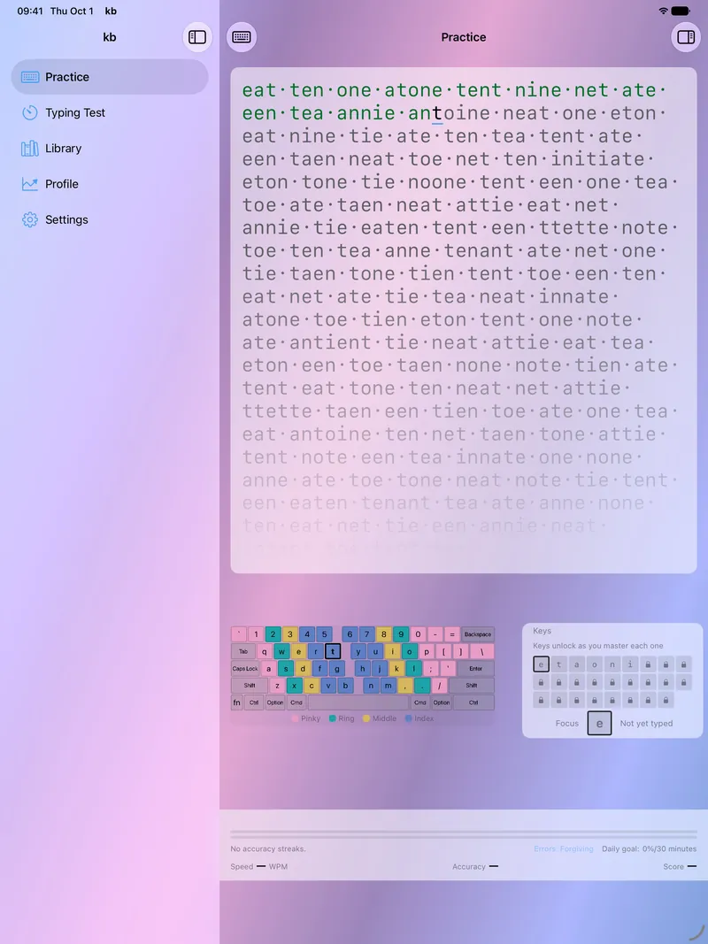 kb on iPad: a practice lesson over the Aurora wash, with a finger-zone keyboard and the unlocked-keys panel below the text