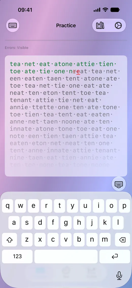 kb on iPhone: a practice lesson above the on-screen keyboard, a mistyped letter struck through in red