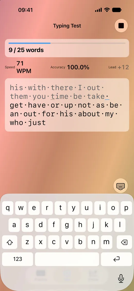 kb typing test on iPhone: nine of 25 words typed at 71 WPM and 100% accuracy, twelve characters ahead of the ghost of a previous best run