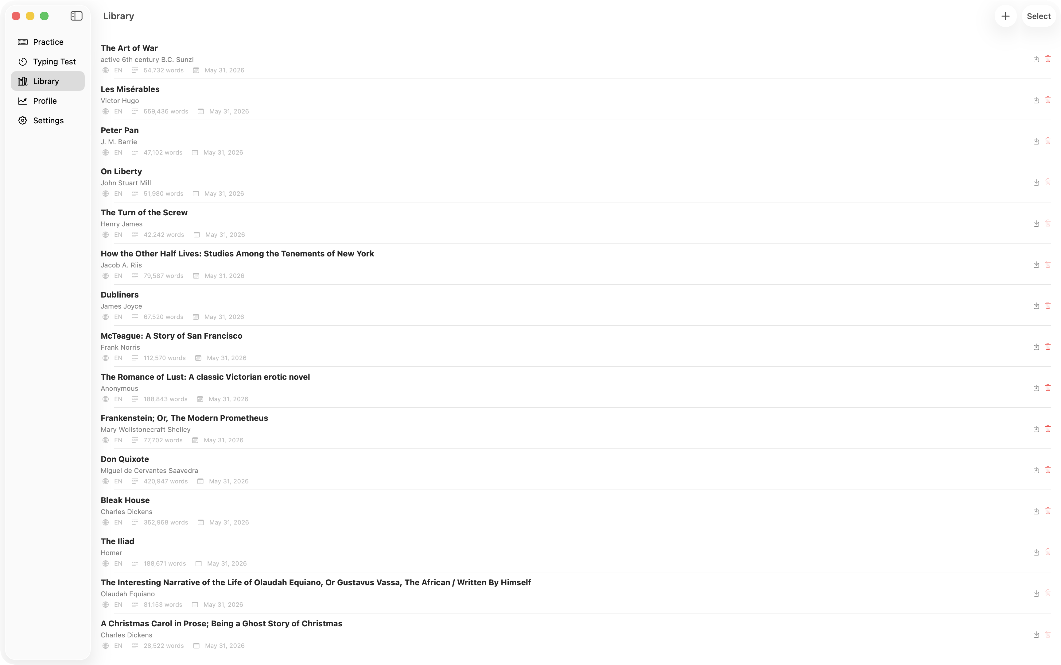kb library: a list of imported classic books with their word counts