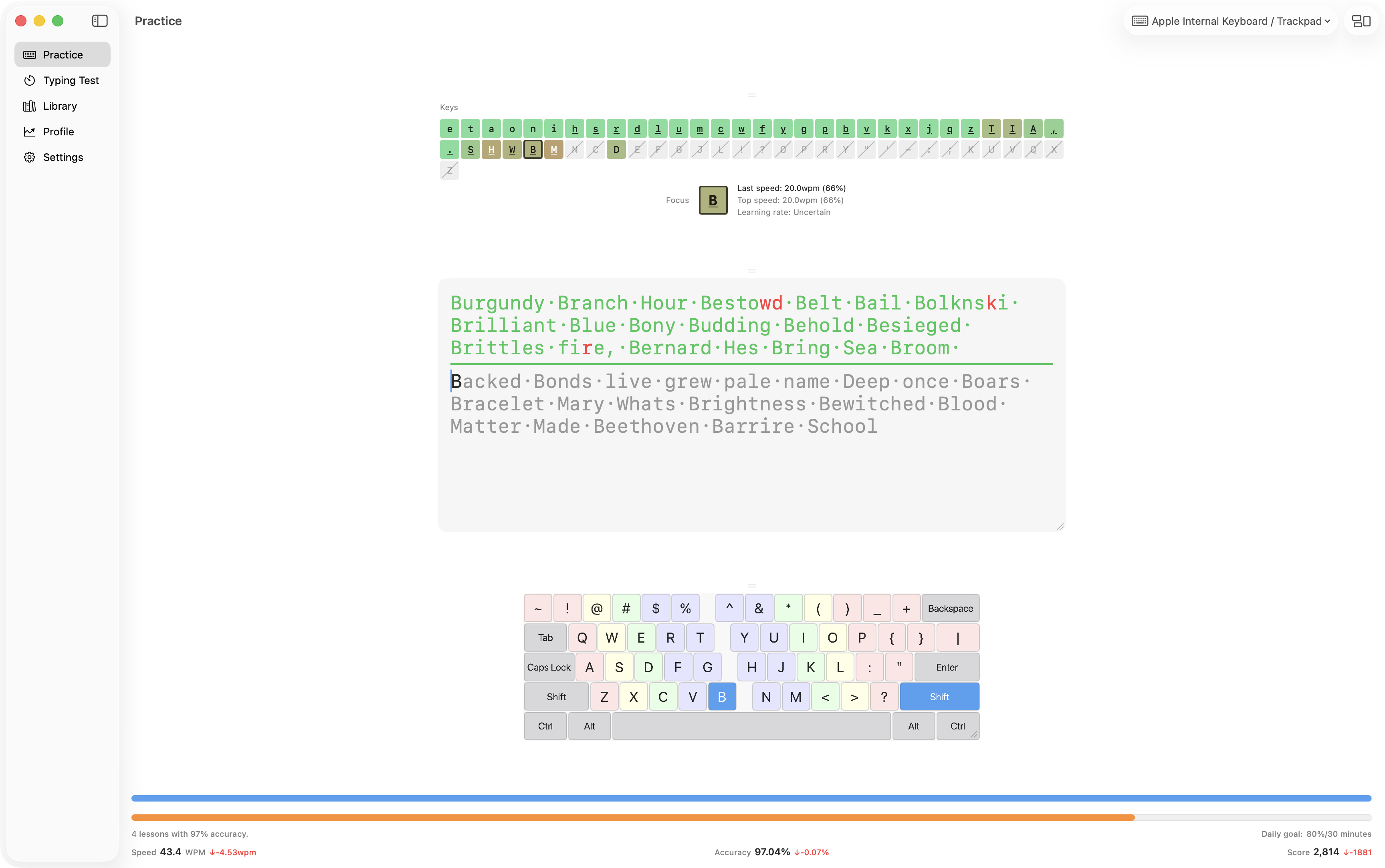 kb practice window: heatmap key strip, focus key, lesson text, finger-zone keyboard, and stats bar