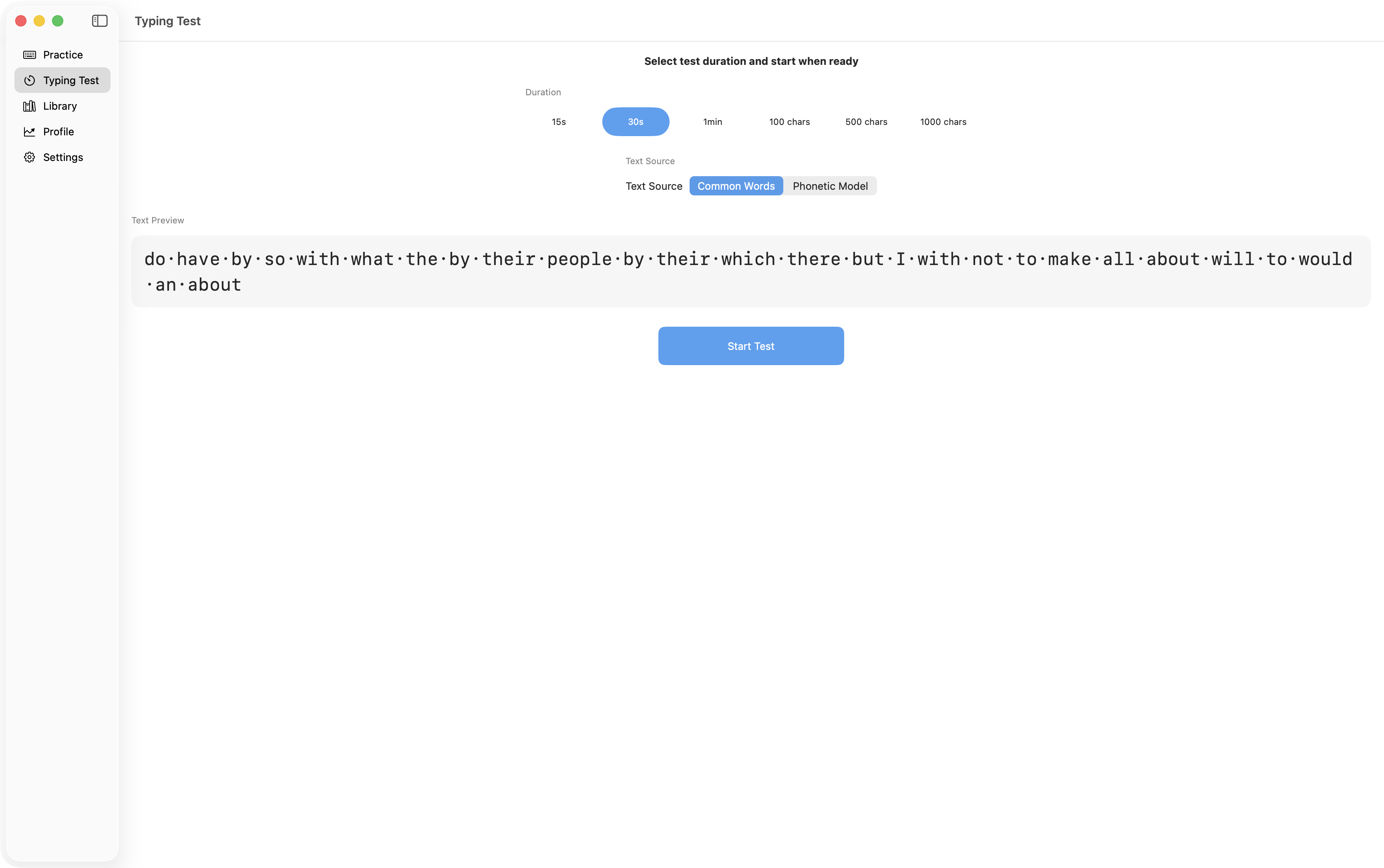 kb typing test: duration chips, a text source, a passage preview, and a start button